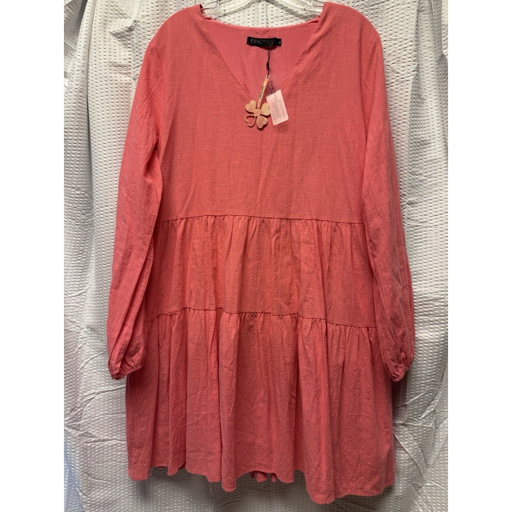 Fancyinn Pink Melon V Neck Long Sleeve Lined Tiered Peasant Dress Sz XL NWT Boho